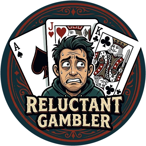 Reluctant Gambler logo: a nervous cartoon man in a hoodie, sweating, in front of an ace, jack, and king.